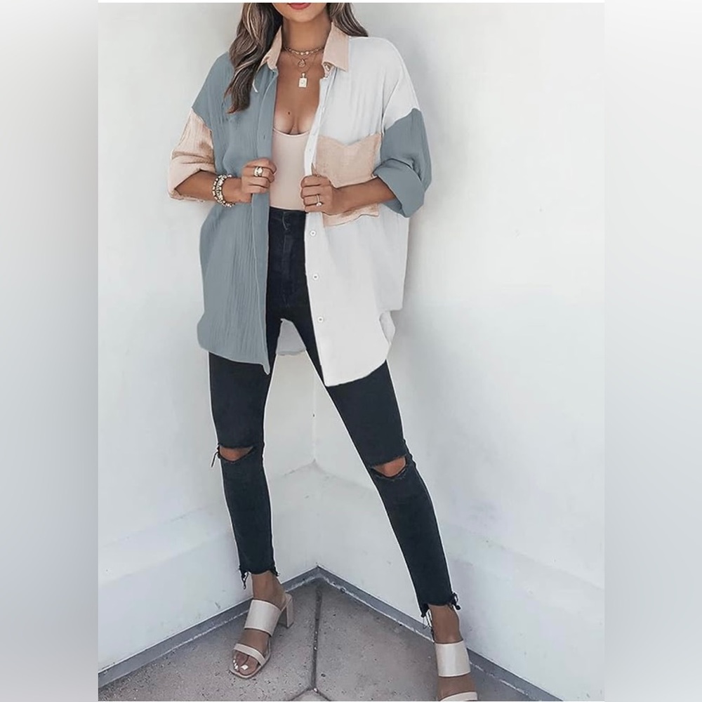 Dokotoo Pink/Grey/White Linen Oversized Long Sleeve Colorblock Button Down Shirt - Picture 3 of 5